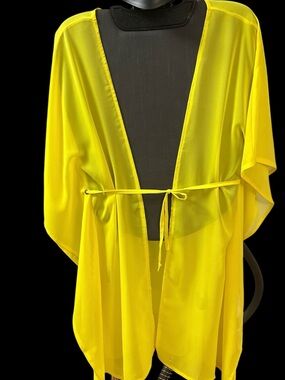 Sheer Yellow Swim Coverup Kimono with Tie